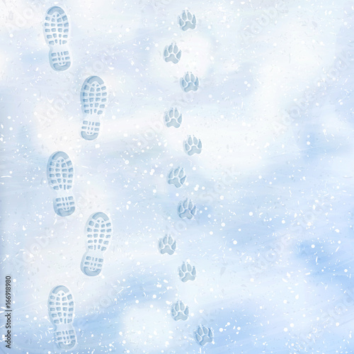 Human and dog footprints on surface white winter snow. Overhead view. Texture of snow surface. Vector illustration background.