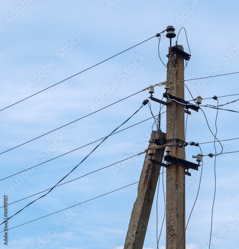 power lines. electricity distribution station. high voltage electric transmission towe