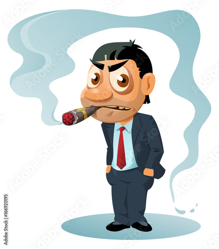 Funny businessman in  suit smokes a cigar. Cartoon styled vector illustration. Elements is grouped. Isolated on white. No transparent objects.