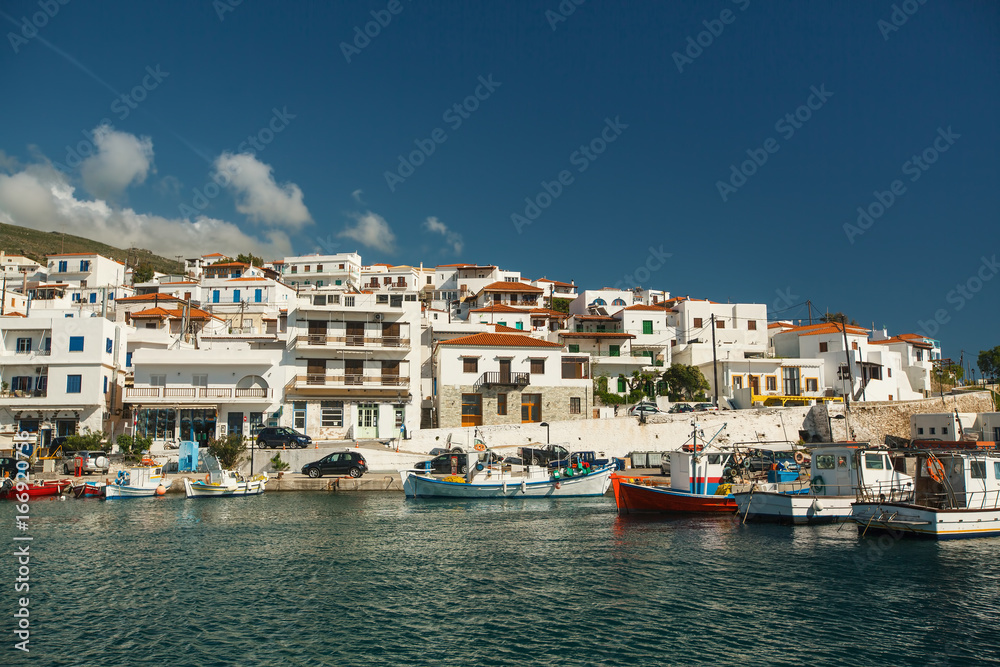 View of the Marina at Andros island, Aegean sea, Greece.