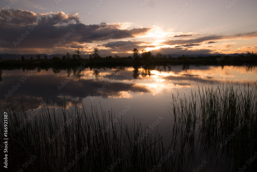 Fototapeta premium A summer sunset overlooking a lake in Colorado at St. Vrain State Park