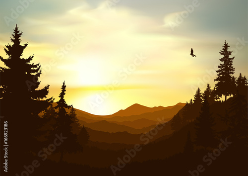 Nature background of mountains panorama. Colorful sunset in wild valley. Windy sky. Brown tones.