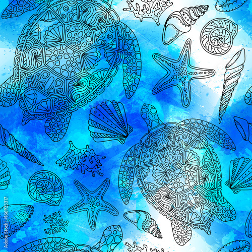 Seamless summer underwater pattern. Various shell, algae, starfish, coral, turtle on vector watercolor background with brush strokes, drops. Blue and turquoise sea water design