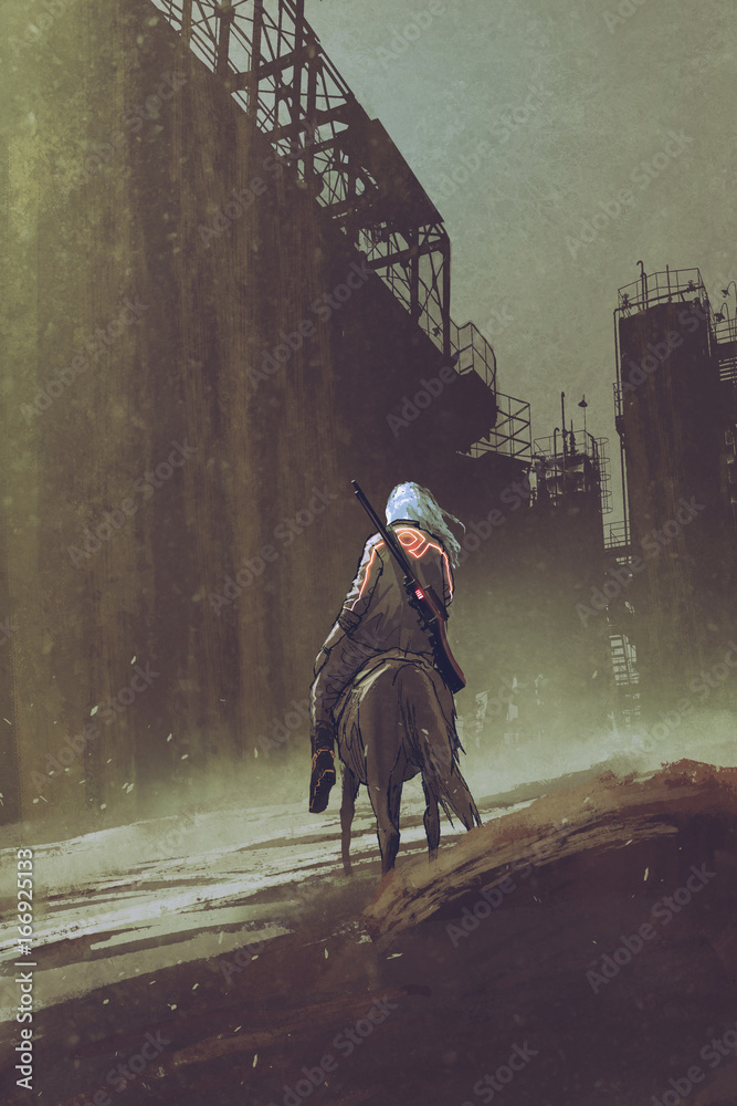 Obraz premium man with a gun riding horse walking in desert city with industrial buildings, digital art style, illustration painting