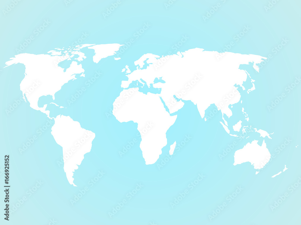 Simplified white world map silhouette on turquoise blue background. Vector illustration.