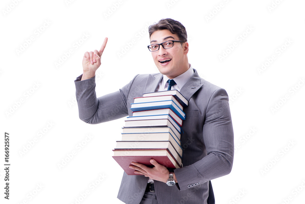 Businessman student carrying holding pile of books isolated on w Businessman student carrying holding pile of books isolated on w