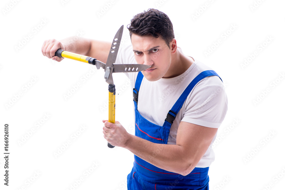 Man gardener with gardening scissors on white background isolate Man gardener with gardening scissors on white background isolate