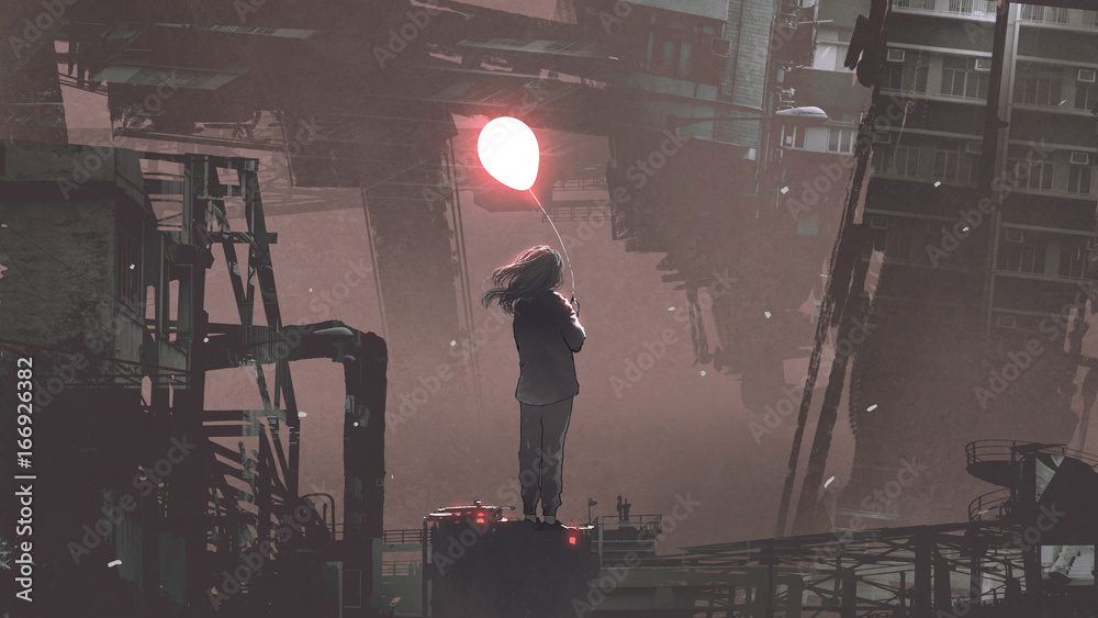 Fototapeta premium young woman holding glowing balloon standing on building in futuristic city at night, digital art style, illustration painting