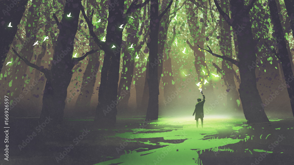 Naklejka premium scena fantasy samotnego człowieka z latarką stojącą w bajkowym lesie, cyfrowy styl sztuki, malowanie ilustracji