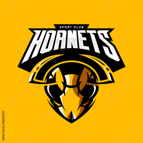 Furious hornet head athletic club vector logo concept isolated on orange background. Modern sport team mascot badge design. Premium quality wild insect emblem t-shirt tee print illustration.