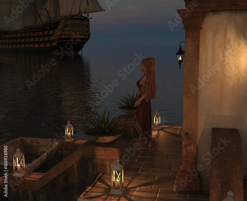 Εκτύπωση καμβά Woman watching a Sailboat at dusk