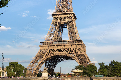 View of the detail of the Eiffel Tower in Paris. France. The Eiffel Tower was constructed from 1887-1889 as the entrance to the 1889 World s Fair by engineer Gustave Eiffel.
