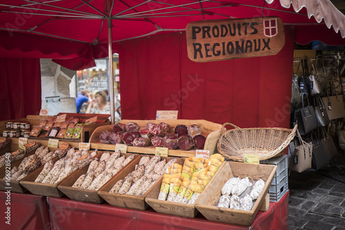 Local products, cheeses and delicatessen on a market in the french alps