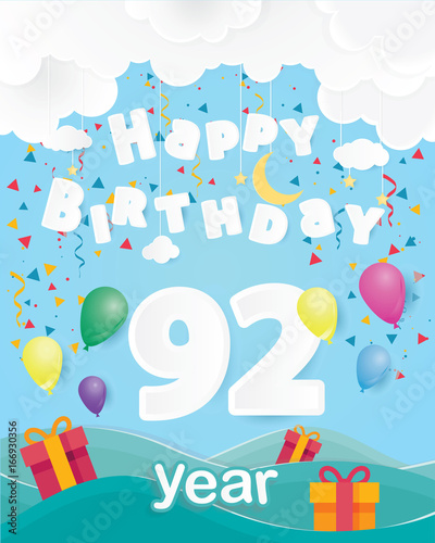 cool 92 nd birthday celebration greeting card origami paper art design, birthday party poster background with clouds, balloon and gift box full color. ninety two years anniversary celebrations