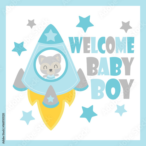 Принти на полотні Cute baby raccoon in rocket vector cartoon illustration for baby shower card des