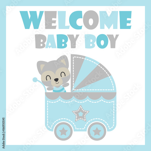 Cute baby raccoon in baby cart vector cartoon illustration for baby shower card design, postcard, and wallpaper