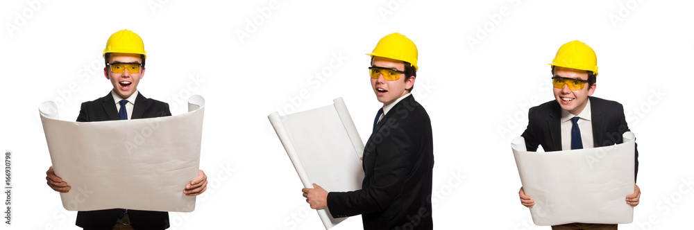 Funny architect with drawings on white Funny architect with drawings on white