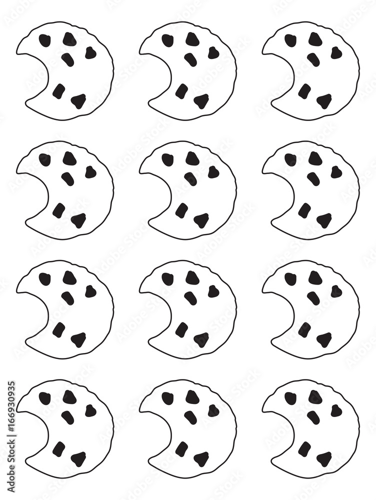 A vector line drawing of chocolate chip cookies.
