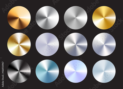 Radial conical metallic gradient set. Immitation of gold, bronze, silver, chrome,steel. Vector elements for your backround. Eps 10.