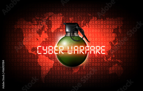 Hand grenade on the binary code world map with cyber warfare attack, vector illustration