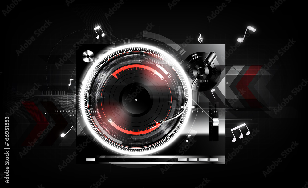 Vinyl record player turntable on black background with technology concept, Vector illustration