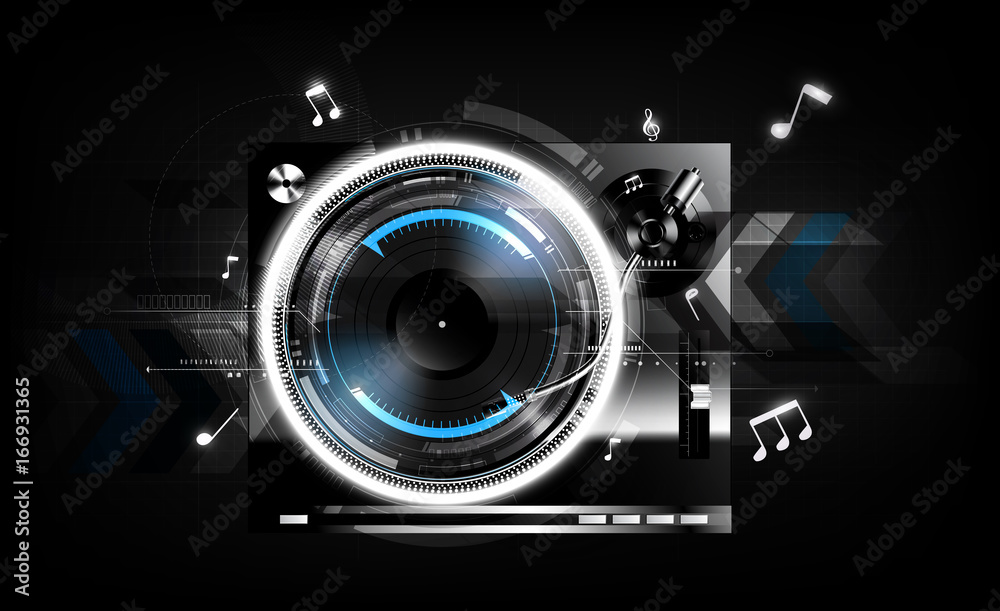 Vinyl record player turntable on black background with technology concept, Vector illustration Vinyl record player turntable on black background with technology concept, Vector illustration