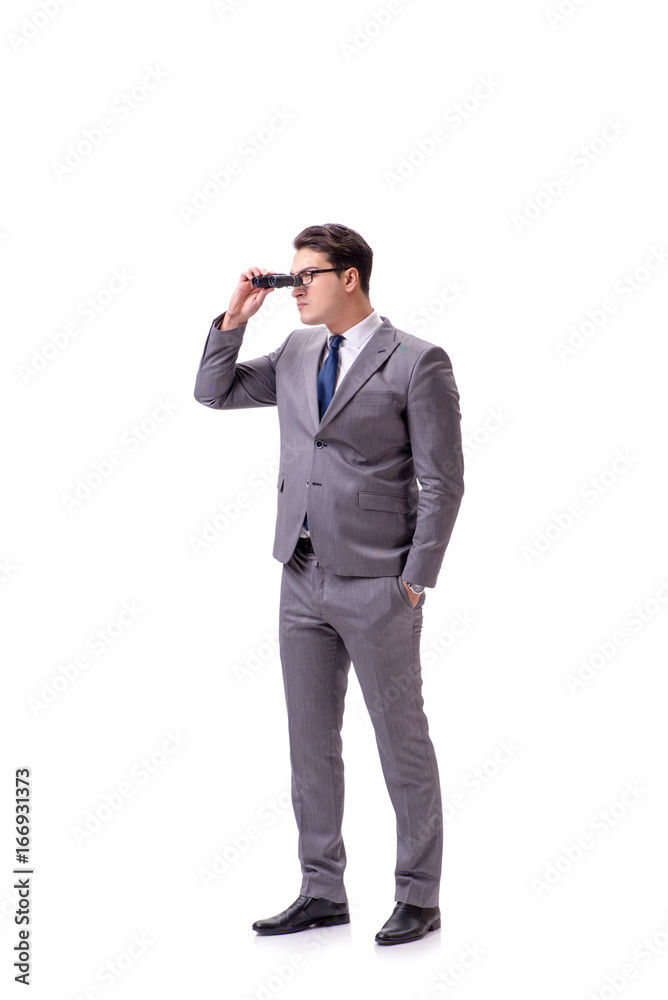 Young man with binoculars isolated on white Young man with binoculars isolated on white