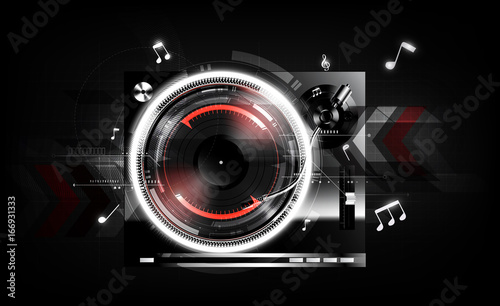 Vinyl record player turntable on black background with technology concept, Vector illustration