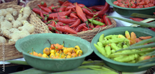 The colorful peppers in free market stall typical of Brazil