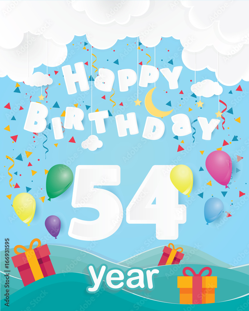 cool 54 th birthday celebration greeting card origami paper art design, birthday party poster background with clouds, balloon and gift box full color. fifty four years anniversary celebrations