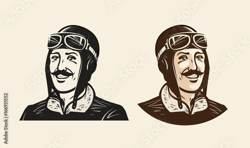 Portrait of smiling pilot or racer. Vintage sketch vector illustration