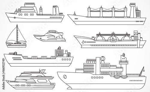 Vector set of ships. Black contours.