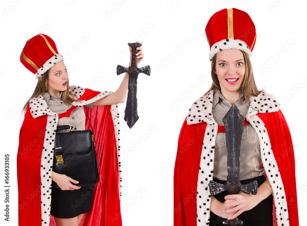 Businesslady wearing crown isolated on white Businesslady wearing crown isolated on white