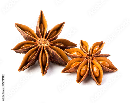 Close up star anise spice isolated on white background , overhead and top view