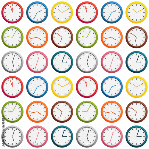 Seamless pattern made of colorful clock showing different time, isolated on white, interesting time texture