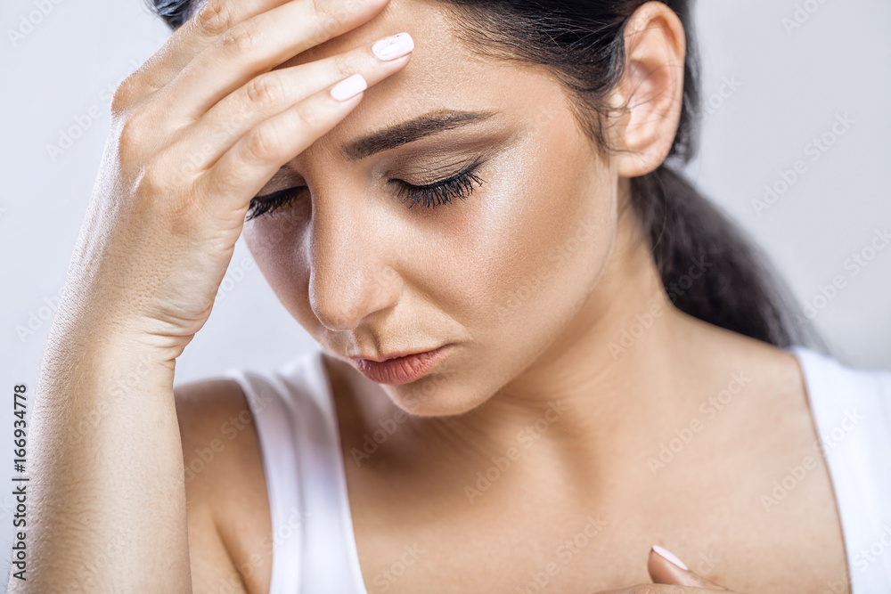 Pain. Tired Exhausted Stressed Woman Suffering From Strong Eye Pain. Portrait Of Beautiful Young Female Feeling Sick, Having Headache, Nose Pain And Touching Painful Eyes. Healthcare. High Resolution Pain. Tired Exhausted Stressed Woman Suffering From Strong Eye Pain. Portrait Of Beautiful Young Female Feeling Sick, Having Headache, Nose Pain And Touching Painful Eyes. Healthcare. High Resolution