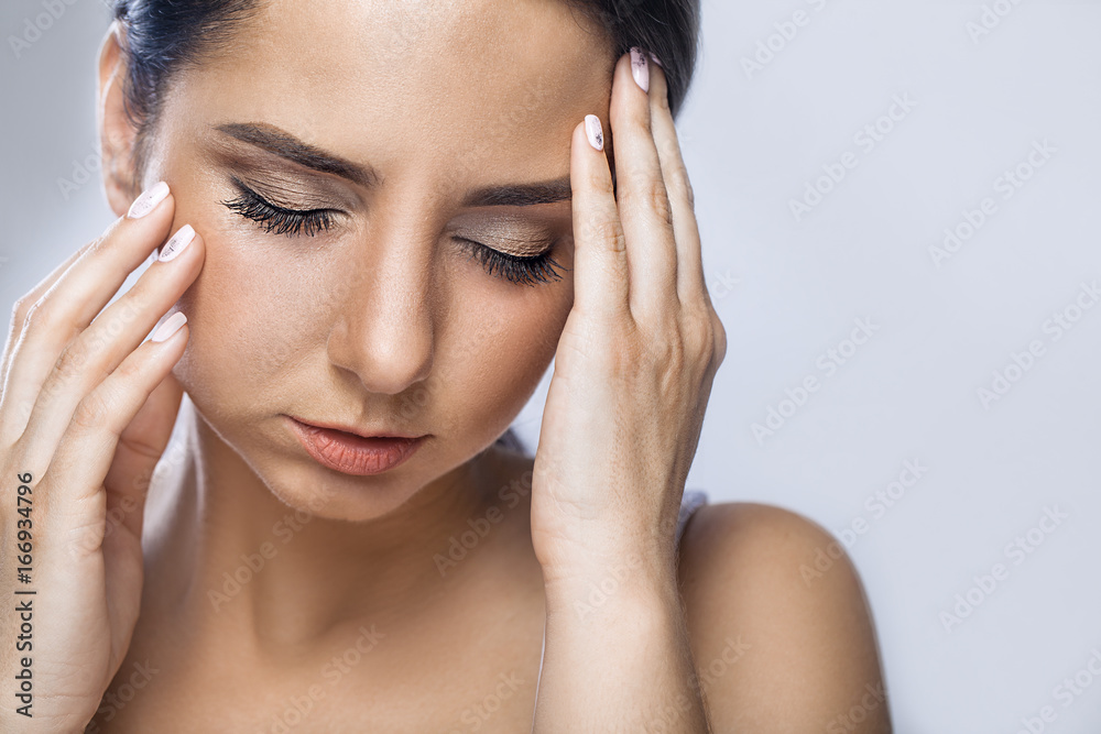 Pain. Tired Exhausted Stressed Woman Suffering From Strong Eye Pain. Portrait Of Beautiful Young Female Feeling Sick, Having Headache, Nose Pain And Touching Painful Eyes. Healthcare. High Resolution