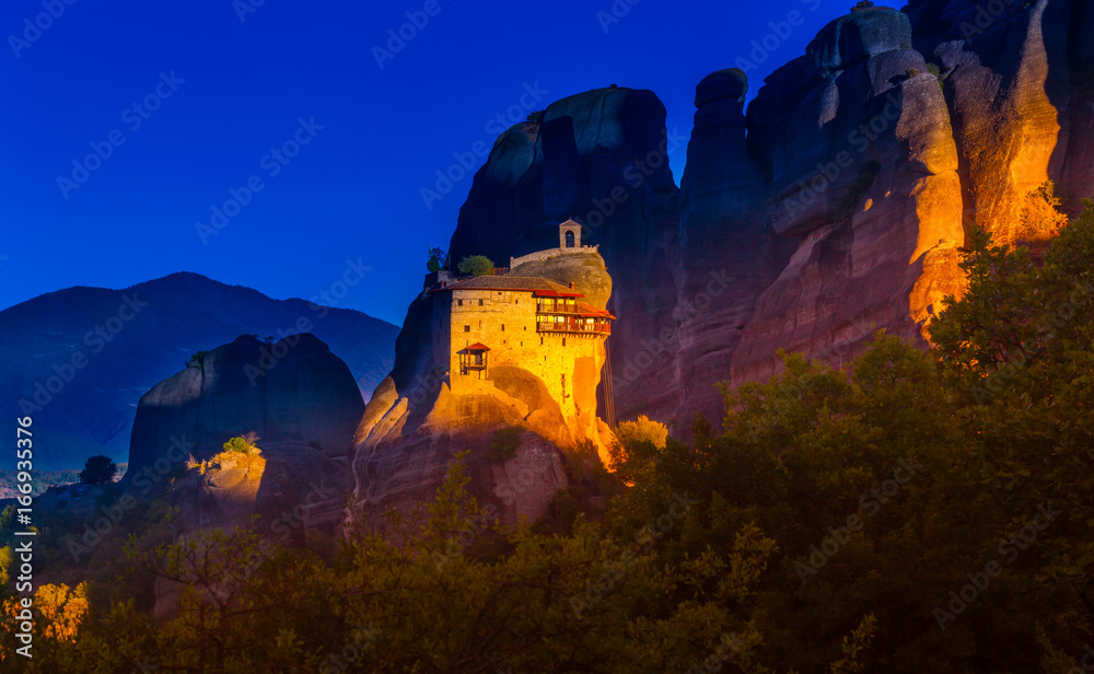 Meteora. Greece. The building is bathed in sunlight. Morning in the mountains. Meteora. Greece. The building is bathed in sunlight. Morning in the mountains.