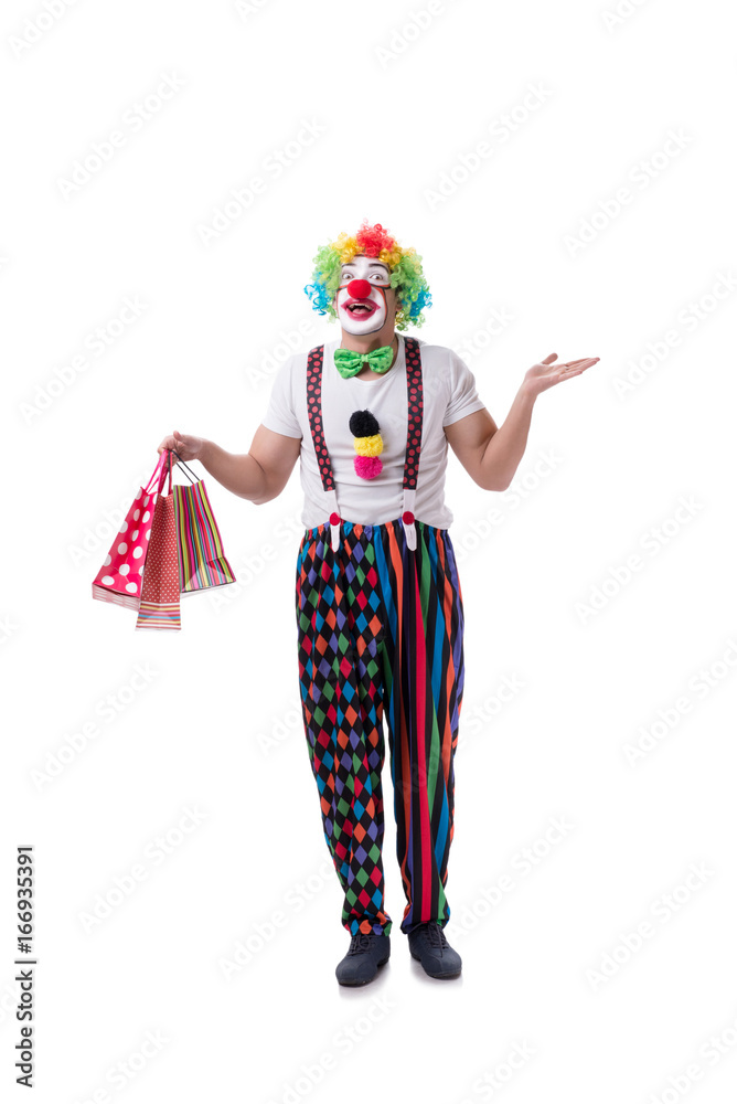 Funny clown with shopping bags isolated on white background