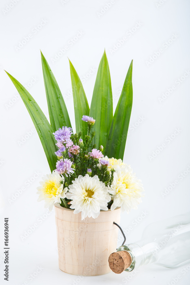 Colorful flowers in the wooden bucket on the white background