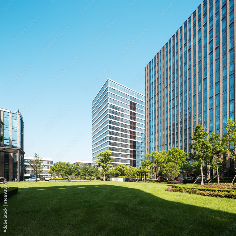 modern buildings near meadow in midtown of modern city