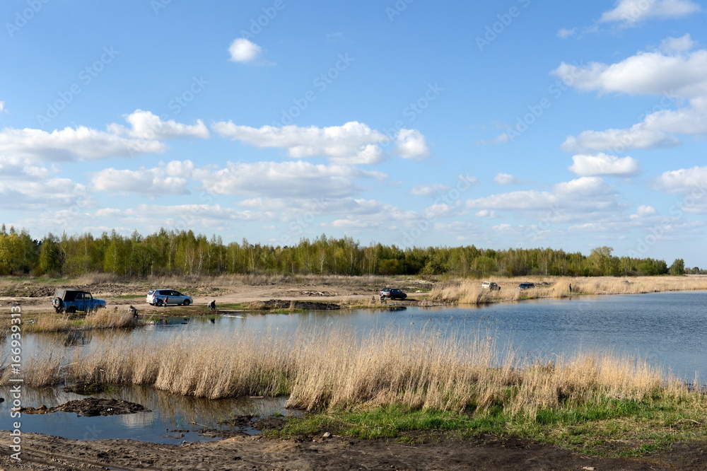 Fishermen on the Big Ostrovoye lake in the Mamontovsky district of the Altai Territory.