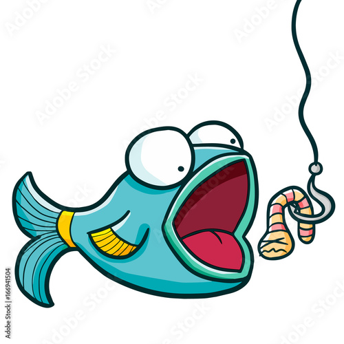 Funny and cute blue green fish want to eat bait - vector. 