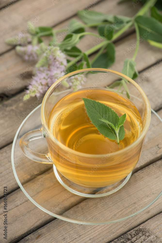 A glass mug with golden tea with leaves and mint flowers stands on a saucer and on a wooden table in summer A glass mug with golden tea with leaves and mint flowers stands on a saucer and on a wooden table in summer