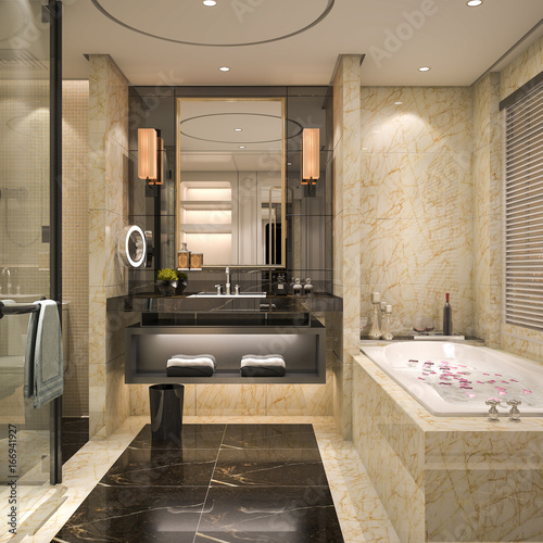 3d rendering modern and classic loft bathroom with luxury tile decor