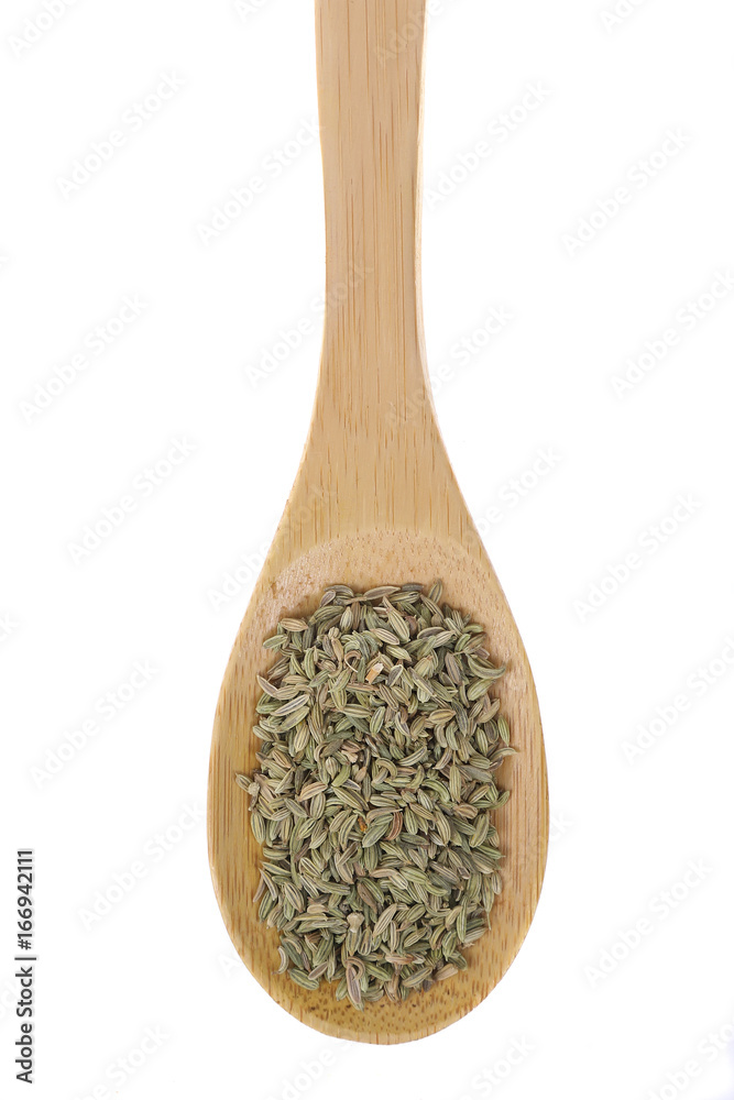 Fennel seeds on a bamboo spoon. Fennel seeds on a bamboo spoon.