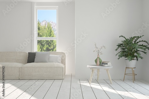 White room with sofa and green landscape in window. Scandinavian interior design. 3D illustration