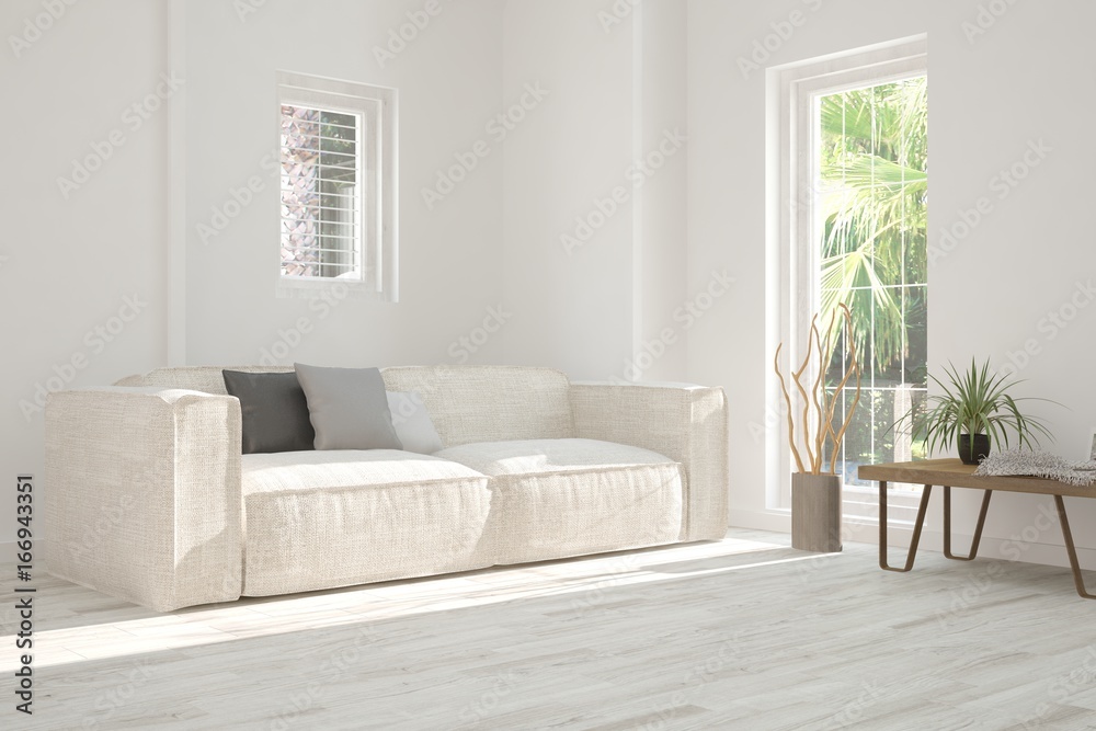 Idea of white room with sofa and summer landscape in window. Scandinavian interior design. 3D illustration Idea of white room with sofa and summer landscape in window. Scandinavian interior design. 3D illustration