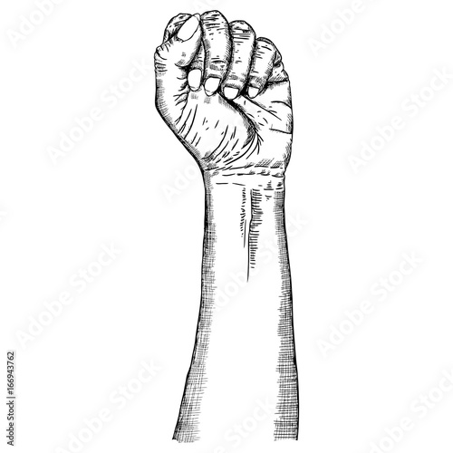 Woman hand gesture sketch. Girl wrist illustration isolated on white background. Hand drawn engraving style of female raise high up fist. Vector.