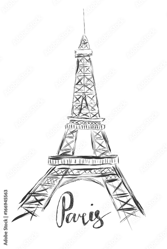 Sketch illustration of Eiffel Tower on white background and hand writing word Paris